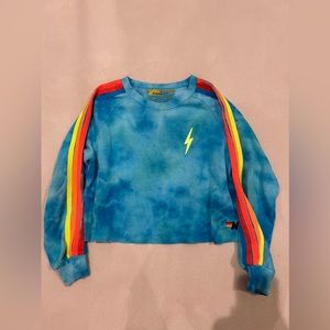 Aviator Nation blue tie dye cropped crewneck with neon stripes. Women’s size L.